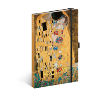 Keménytáblás notesz vonalas krémszínű lapokkal leszorító gumiszalaggal Gustav Klimt 130x210mm, Presco