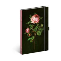 Keménytáblás notesz pontozott vonalozással krémszínű lapokkal leszorító gumiszalaggal Roses 130x210mm, Presco