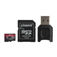 Kingston 128GB SD micro Canvas React Plus (SDXC Class 10 UHS-II U3) (MLPMR2/128GB) memóriakártya adapterrel, olvasóval